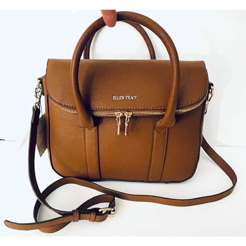 NWT Ellen Tracy Brown ISLA Pebble Grain Top Handle Satchel Crossbody Bag
